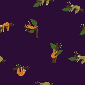 Cute sloth on tree. Seamless pattern with funny sloth, flowers, branch. Vector Stock Illustration