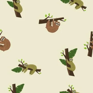 Cute sloth on tree. Seamless pattern with funny sloth, flowers, branch. Vector Illustrazione stock