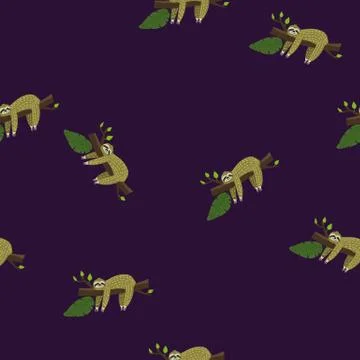 Cute sloth on tree. Seamless pattern with funny sloth, flowers, branch. Vector イラスト素材