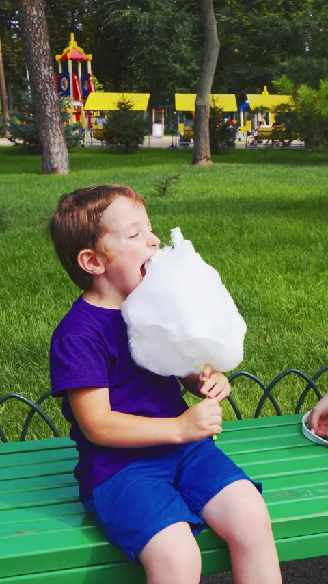 Cute small boy holding big cotton candy floss on green bench Stock Footage 345894712