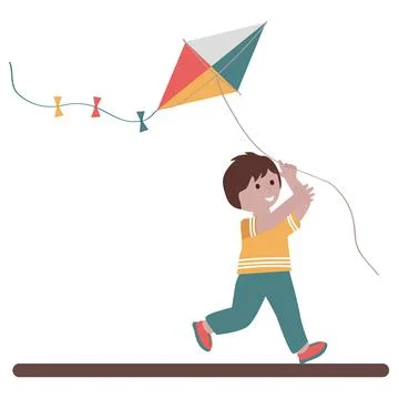 Cute small boy playing with kite and smiling. Flat vector illustration. Stock Illustration