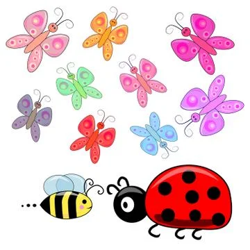 Cute small insects elements set, collection of coloring book template, the gr Illustrazione stock