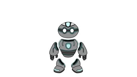 Cute small robot toy character standing with glowing blue chest core Stock Illustration