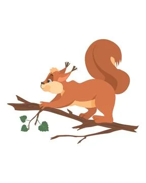 Cute small squirrel jumping on tree branch vector Stock Illustration