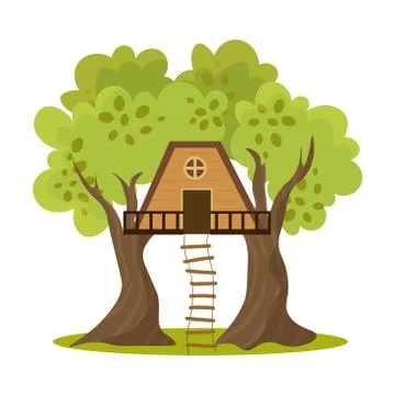 Cute small treehouse between two trees with stairs. Vector illustration in flat Illustrazione stock