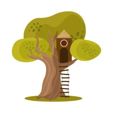 Cute small treehouse with one window and stairs. Vector illustration in flat Stock Illustration