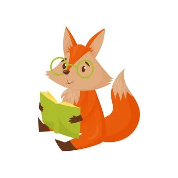 Cute smart cartoon red fox character sitting on the floor reading a book vector Illustrazione stock