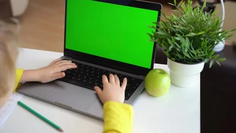 Cute smart caucasian primary School Child typing on the keyboard laptop. Online Stock Footage 233463424