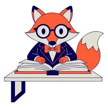 Cute smart fox wearing glasses reading book at desk vector Stock Illustration