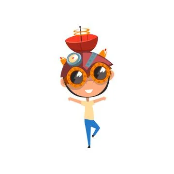 Cute smart kid with experimental equipment on his head, scientist boy character Stock Illustration
