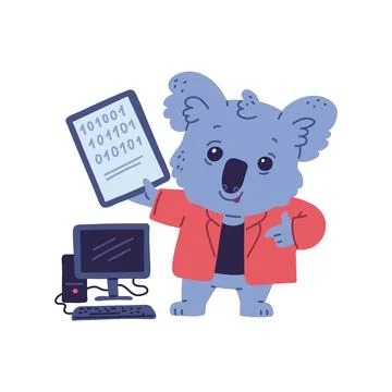 Cute smart koala bear IT specialist, vector cartoon animal hacker programmer 스톡 일러스트