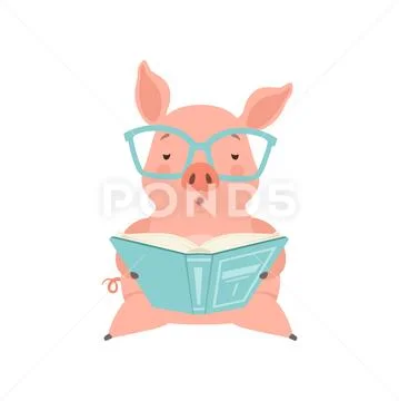 Cute smart little pig reading a book, funny piglet cartoon character vector Stock Illustration