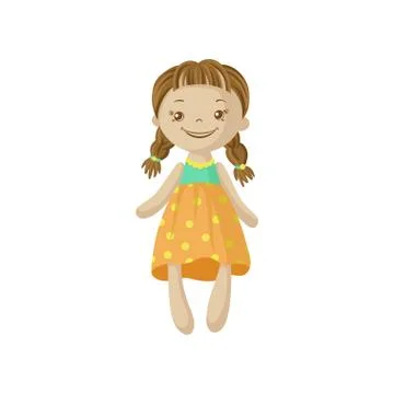 Cute smiing soft doll with braids, sewing toy cartoon vector Illustration Stock Illustration