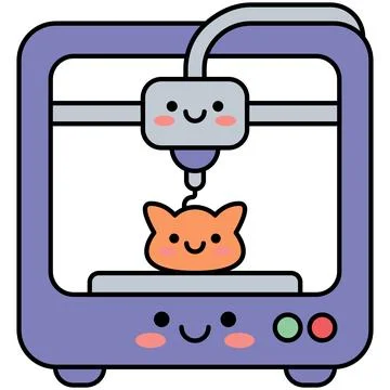Cute smiling 3D printer machine character printing a kawaii cat 스톡 일러스트