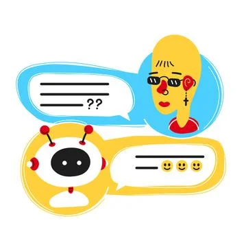 Cute smiling ai chat bot written with person woman,messenger app screen.Vector Stock Illustration