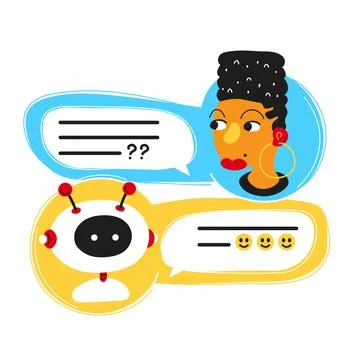 Cute smiling ai chat bot written with person woman,messenger app screen.Vector Stock Illustration