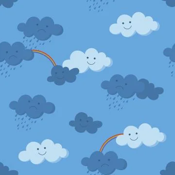 Cute smiling and crying clouds and rainbow in the sky seamless pattern Stock Illustration