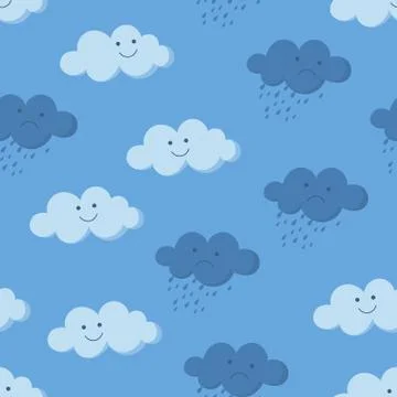 Cute smiling and crying rainy clouds in the sky seamless pattern Stock Illustration