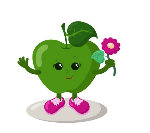 Cute smiling apple holding a flower. Colorful kawaii fruit emoticon Stock Illustration
