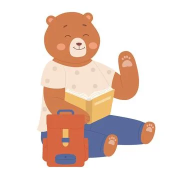 Cute smiling bear sitting and reading book イラスト素材