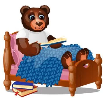 Cute smiling bear sitting in bed reading a book isolated on a white background Stock Illustration