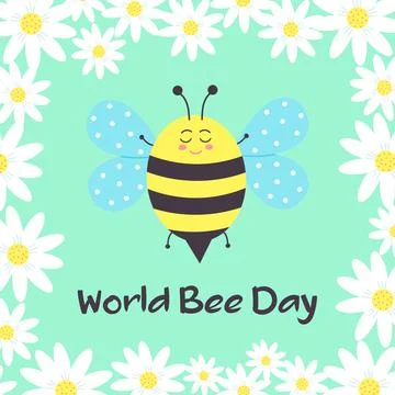 Cute smiling bee and chamomile frame. Postcard for World Bee Day. Stock Illustration