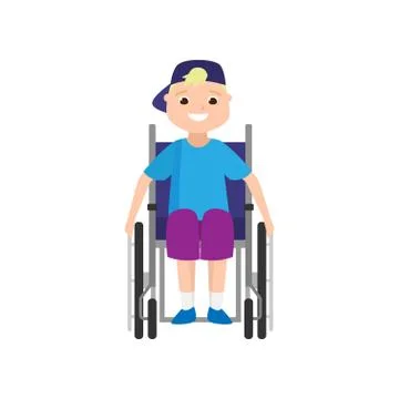 Cute smiling blonde boy, front view in wheelchair Stock Illustration