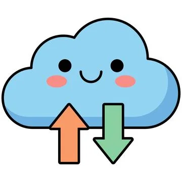 Cute smiling blue cloud character with upload and download arrows Stock Illustration
