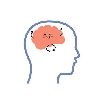 Cute Smiling Brain Mascot Inside Head Outline for Mental Health Stock Illustration