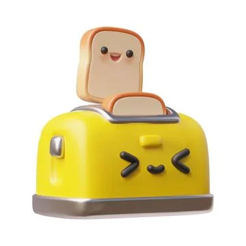 Cute smiling bread slice and toaster 3D plastic style, vector cartoon toast Illustrazione stock