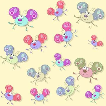 Cute smiling butterflies seamless pattern on yellow Stock Illustration