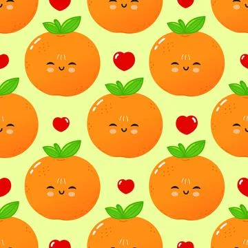 Cute smiling cartoon oranges seamless pattern with hearts 库存插图