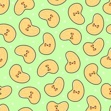 Cute smiling cashew nut characters seamless pattern Stock Illustration