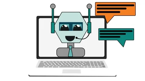 Cute smiling chat bot working in headphones with mic behind laptop Stock Footage 150933920