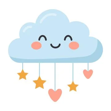 Cute Smiling Cloud with Hanging Stars and Hearts Vector 库存插图