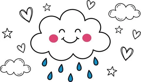Cute Smiling Cloud Raining with Hearts and Stars Doodle Illustration. Stock Illustration