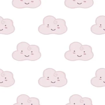 Cute smiling cloud sky seamless pattern on white background. Stock Illustration
