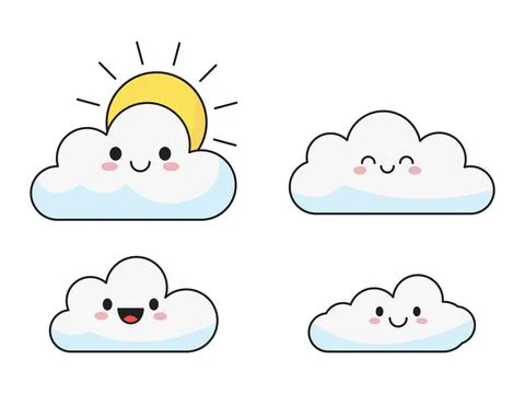 Cute Smiling Clouds with Sun Characters Set Kawaii Style Flat Vector Illust.. Stock Illustration