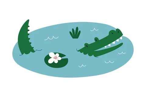 Cute smiling crocodile lying in the pond, funny alligator character with Stock Illustration