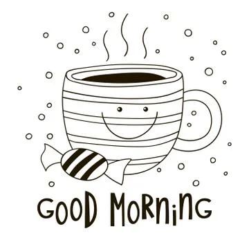 Cute smiling cup of coffee, candy and an inscription Good morning. Stock Illustration