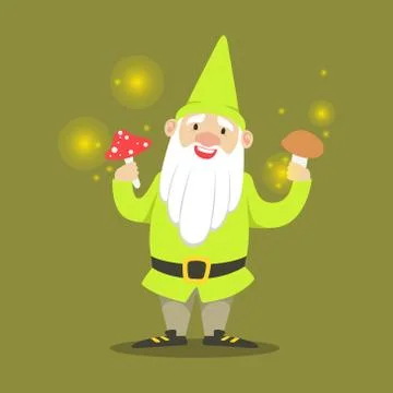 Cute smiling dwarf standing and holding mushrooms vector Illustration Stock Illustration