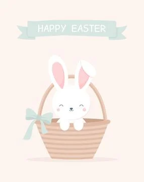 Cute smiling Easter bunny sitting inside an Easter basket Stock Illustration