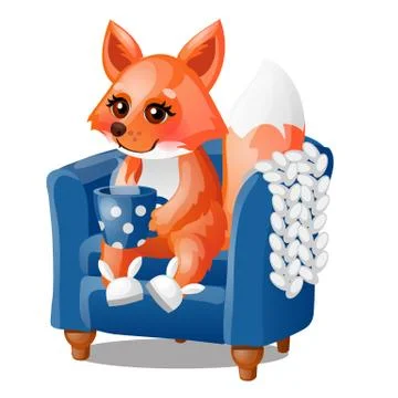 Cute smiling fox drinks hot tea in a soft chair isolated on a white background Stock Illustration
