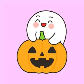 Cute smiling ghost popping out of pumpkin Stock Illustration