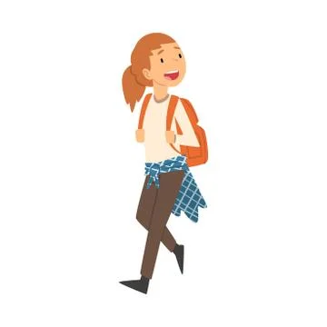 Cute Smiling Girl Walking with Backpack, Kid Travelling on Vacation Vector Stock Illustration