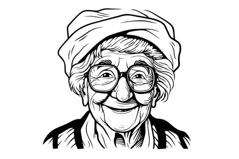 Cute smiling granny hand drawn ink sketch. Engraved style vector portrait Stock Illustration