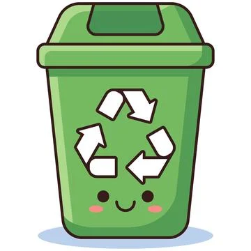 Cute smiling green recycle bin character with recycling symbol Stock Illustration