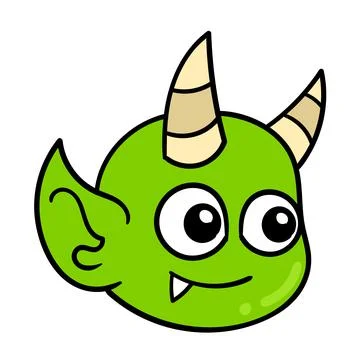 Cute smiling horned green devil, doodle icon image kawaii Stock Illustration