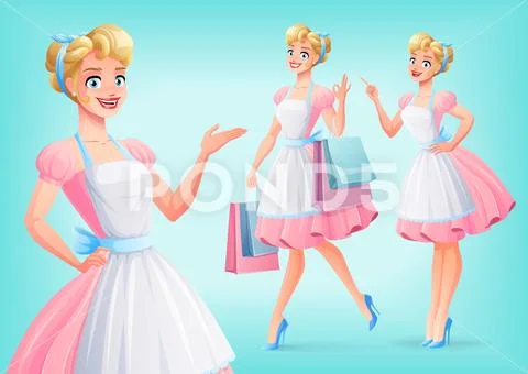 Cute smiling housewife in apron in different poses. Vector set. Stock Illustration