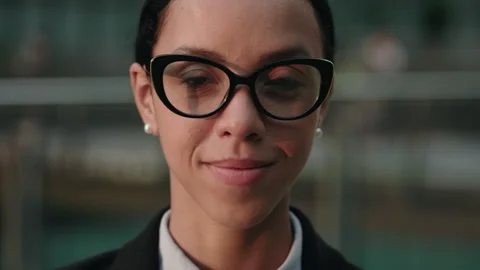 Cute Smiling Lady Looking to the Camera in Black Glasses Outside. Stock Footage 266768143